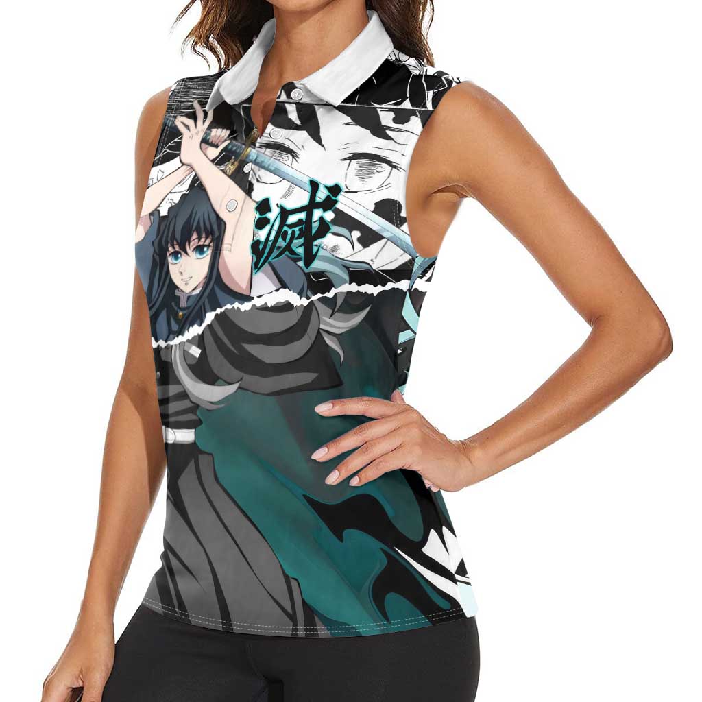 Muichiro Tokito Demon Slayer Mist Hashira Design Women Sleeveless Polo Shirt with Manga Panels and Teal Sword Art - The Mazicc