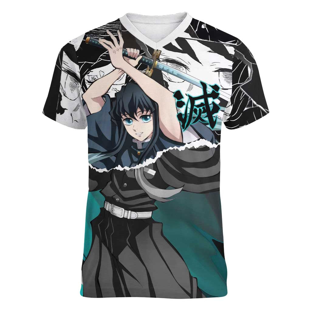 Muichiro Tokito Demon Slayer Mist Hashira Design Women V-Neck T-Shirt with Manga Panels and Teal Sword Art - The Mazicc