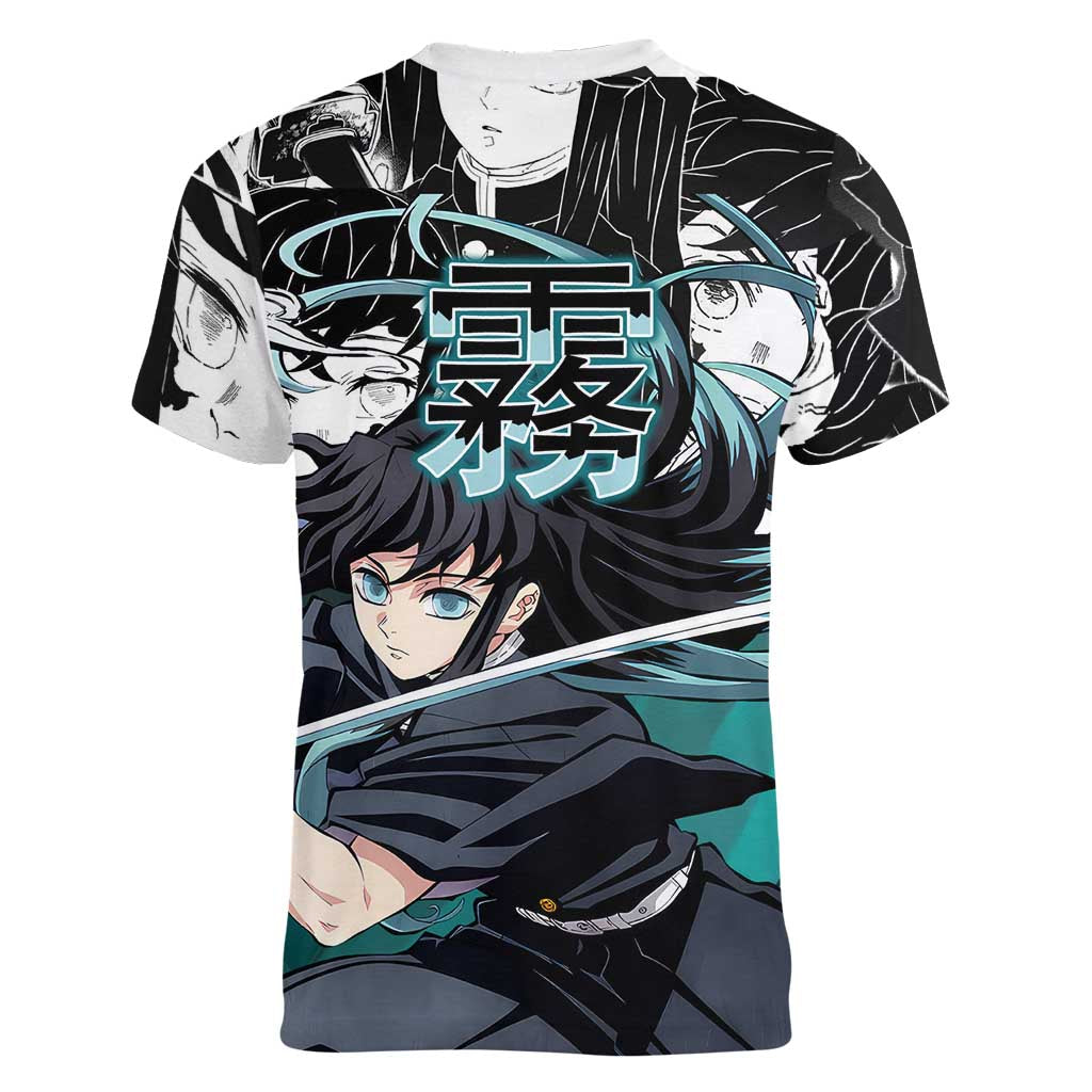 Muichiro Tokito Demon Slayer Mist Hashira Design Women V-Neck T-Shirt with Manga Panels and Teal Sword Art - The Mazicc