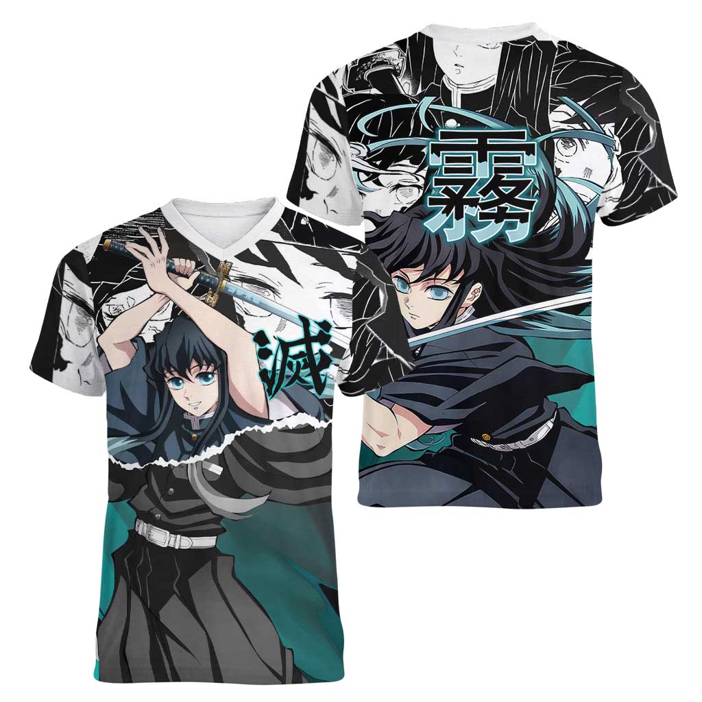 Muichiro Tokito Demon Slayer Mist Hashira Design Women V-Neck T-Shirt with Manga Panels and Teal Sword Art - The Mazicc