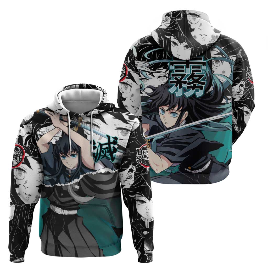 Muichiro Tokito Demon Slayer Mist Hashira Design Zip Hoodie with Manga Panels and Teal Sword Art - The Mazicc