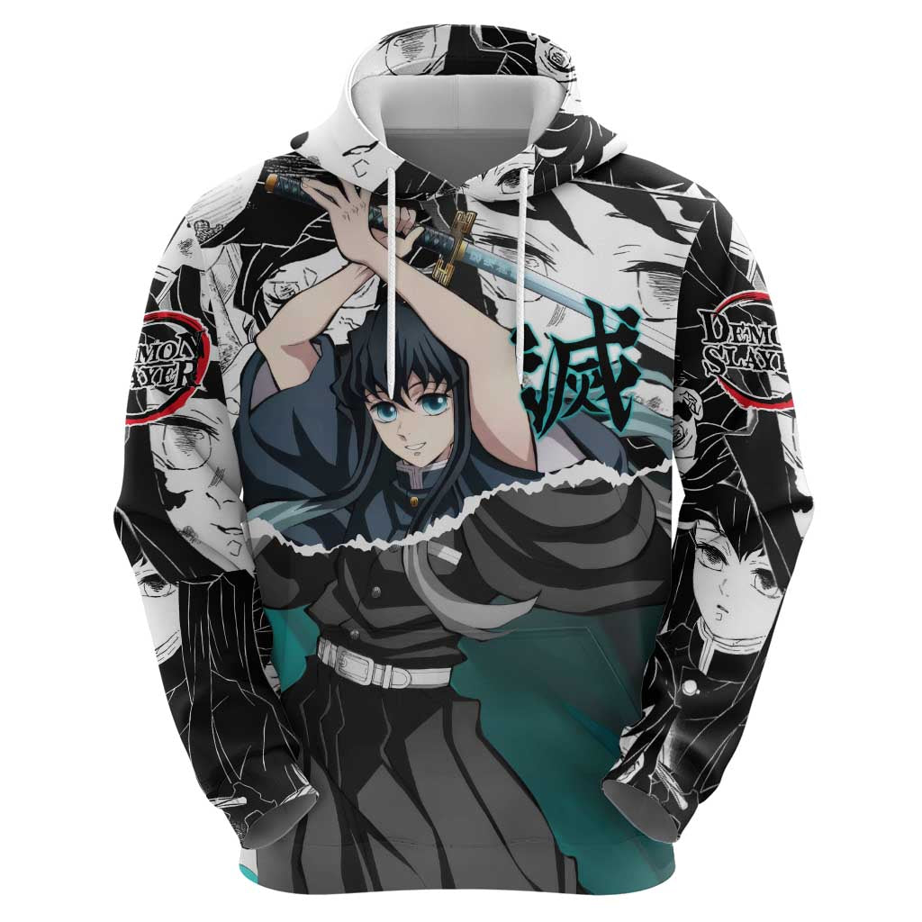 Muichiro Tokito Demon Slayer Mist Hashira Design Zip Hoodie with Manga Panels and Teal Sword Art - The Mazicc