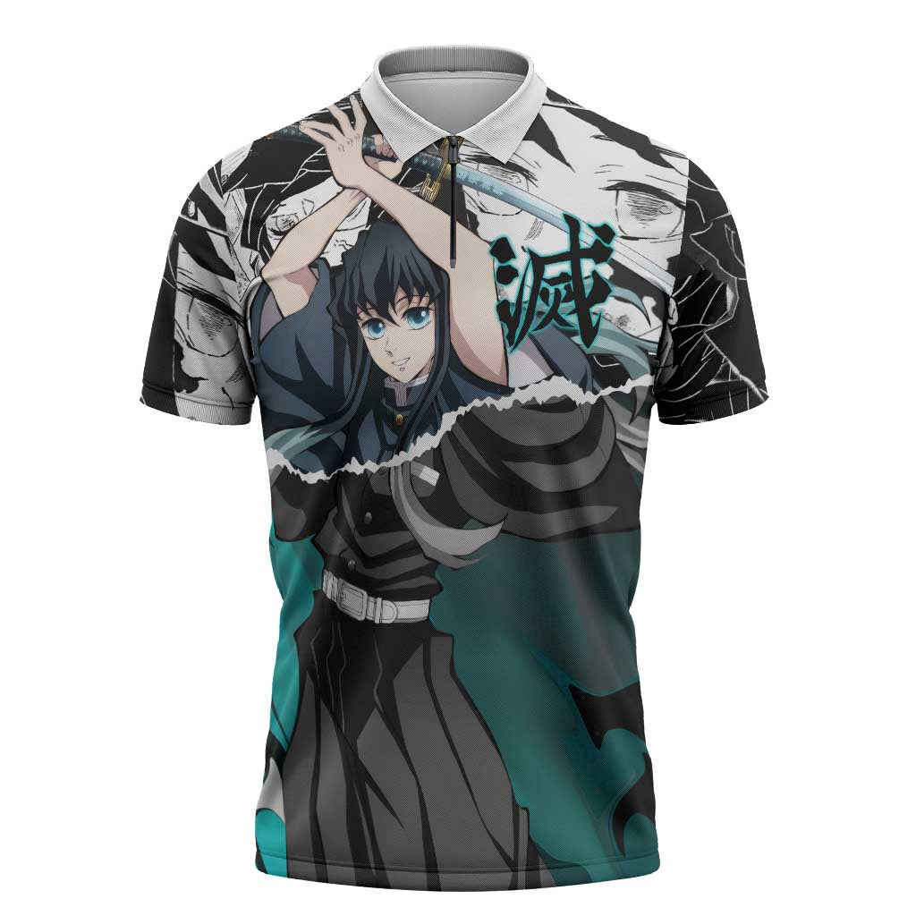 Muichiro Tokito Demon Slayer Mist Hashira Design Zipper Polo Shirt with Manga Panels and Teal Sword Art - The Mazicc