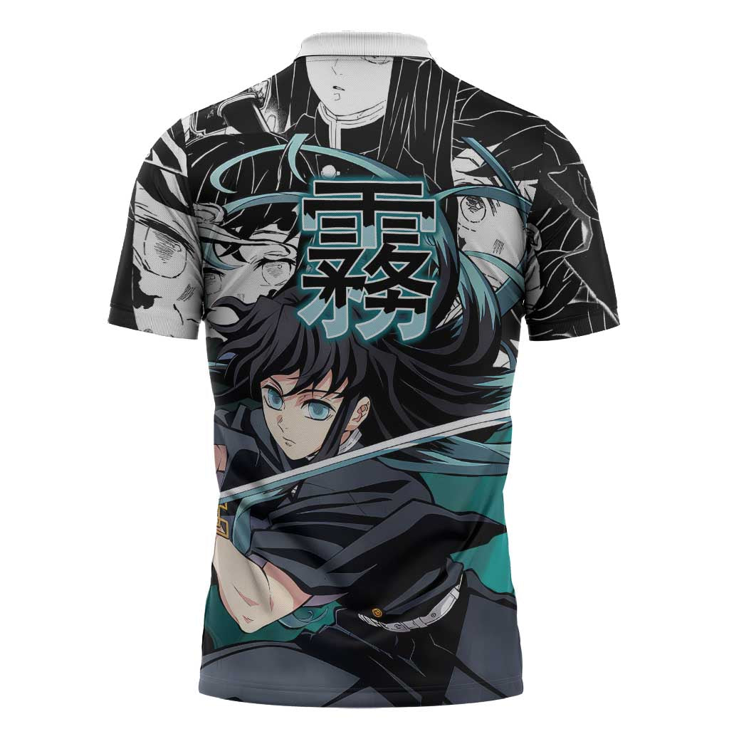 Muichiro Tokito Demon Slayer Mist Hashira Design Zipper Polo Shirt with Manga Panels and Teal Sword Art - The Mazicc