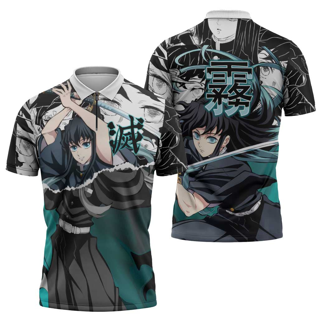 Muichiro Tokito Demon Slayer Mist Hashira Design Zipper Polo Shirt with Manga Panels and Teal Sword Art - The Mazicc