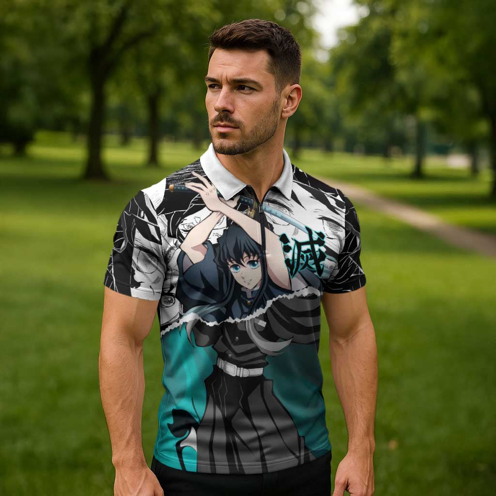 Muichiro Tokito Demon Slayer Mist Hashira Design Zipper Polo Shirt with Manga Panels and Teal Sword Art - The Mazicc