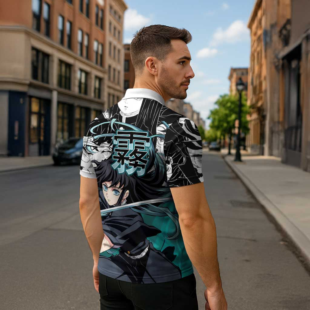Muichiro Tokito Demon Slayer Mist Hashira Design Zipper Polo Shirt with Manga Panels and Teal Sword Art - The Mazicc