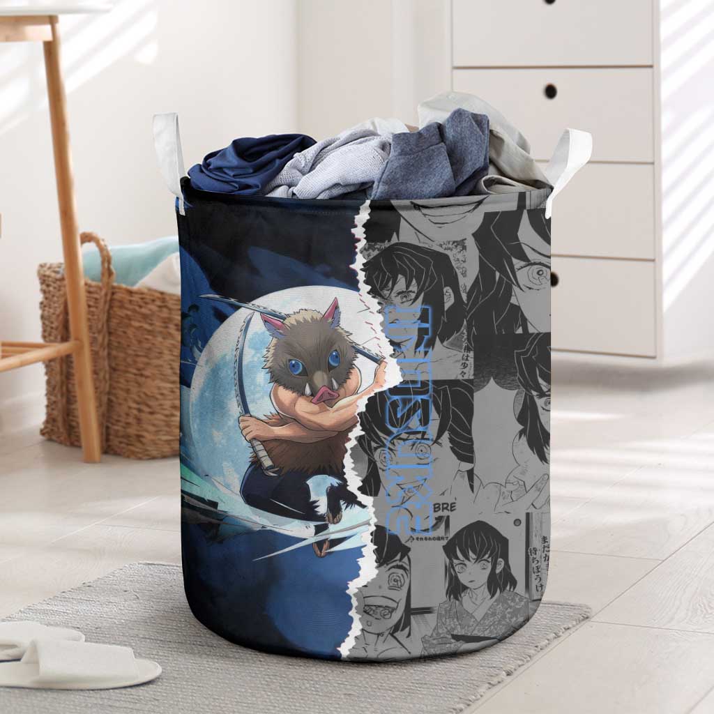 Inosuke Demon Slayer Blue and Black Theme Laundry Basket with Boar Mask and Manga Collage Action Design - The Mazicc