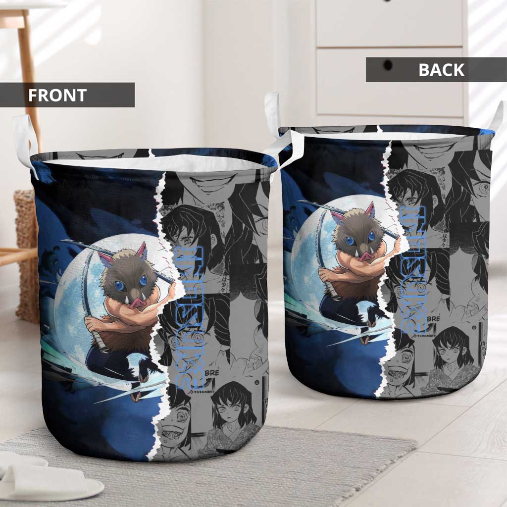 Inosuke Demon Slayer Blue and Black Theme Laundry Basket with Boar Mask and Manga Collage Action Design - The Mazicc