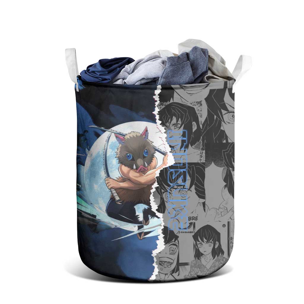 Inosuke Demon Slayer Blue and Black Theme Laundry Basket with Boar Mask and Manga Collage Action Design - The Mazicc