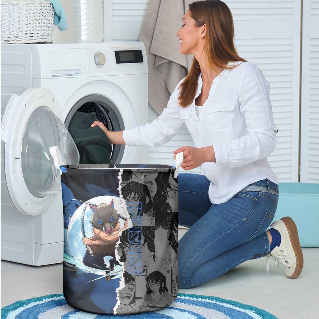 Inosuke Demon Slayer Blue and Black Theme Laundry Basket with Boar Mask and Manga Collage Action Design - The Mazicc