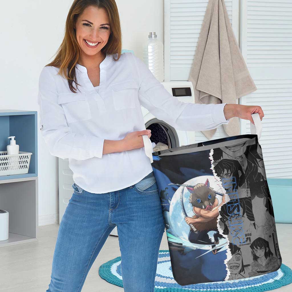 Inosuke Demon Slayer Blue and Black Theme Laundry Basket with Boar Mask and Manga Collage Action Design - The Mazicc