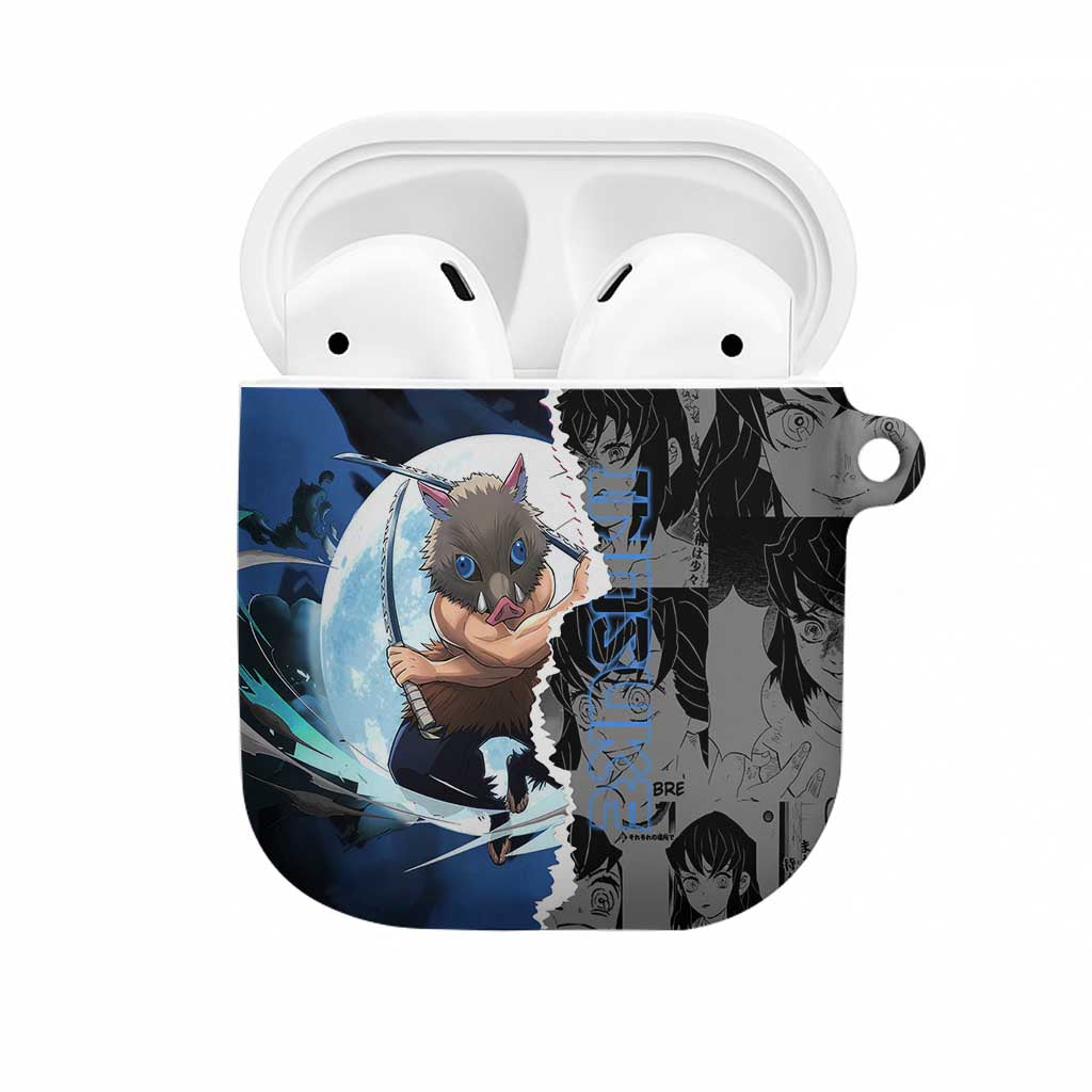 Inosuke Demon Slayer Blue and Black Theme AirPods Case with Boar Mask and Manga Collage Action Design - The Mazicc