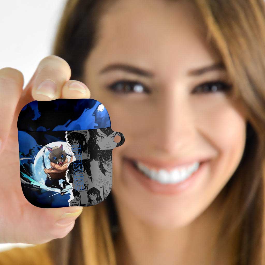 Inosuke Demon Slayer Blue and Black Theme AirPods Case with Boar Mask and Manga Collage Action Design - The Mazicc