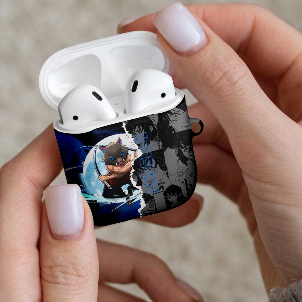Inosuke Demon Slayer Blue and Black Theme AirPods Case with Boar Mask and Manga Collage Action Design - The Mazicc