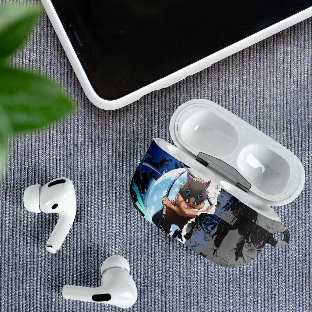 Inosuke Demon Slayer Blue and Black Theme AirPods Case with Boar Mask and Manga Collage Action Design - The Mazicc
