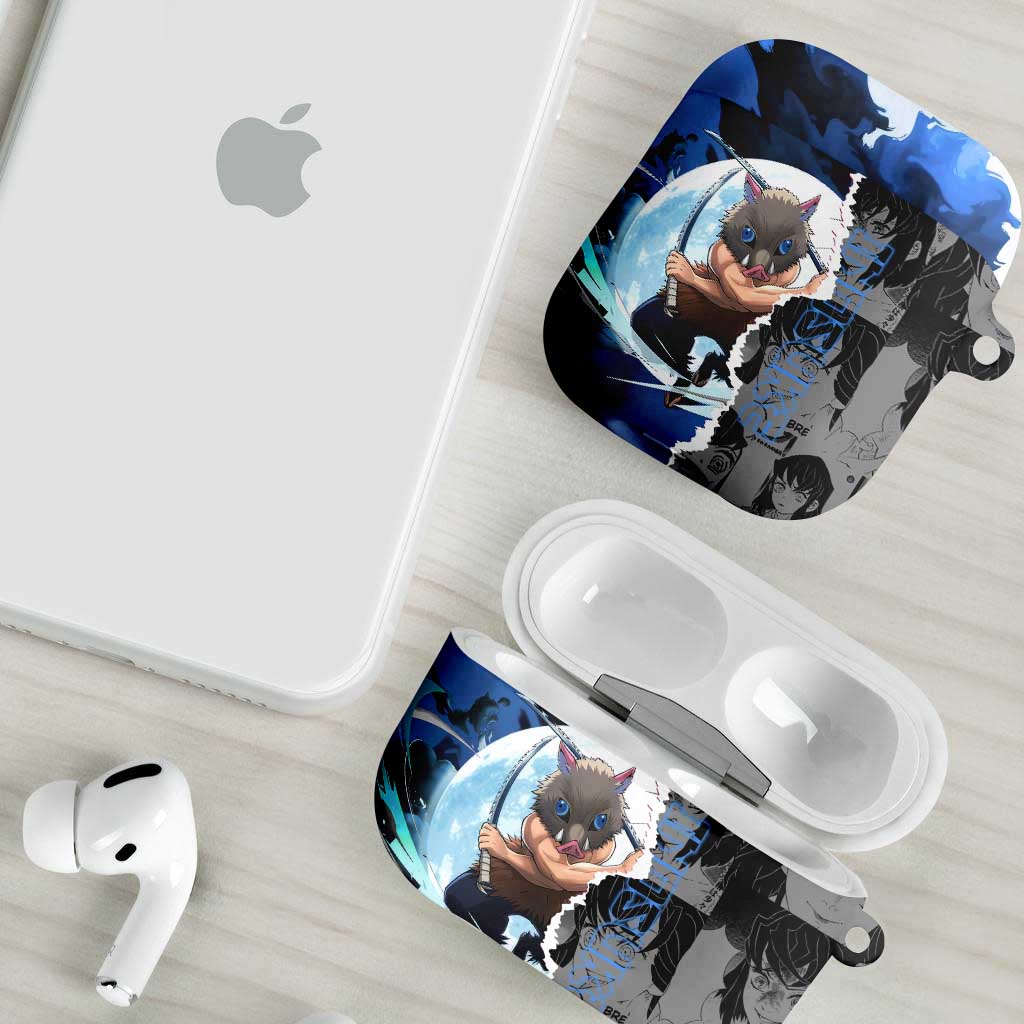 Inosuke Demon Slayer Blue and Black Theme AirPods Case with Boar Mask and Manga Collage Action Design - The Mazicc