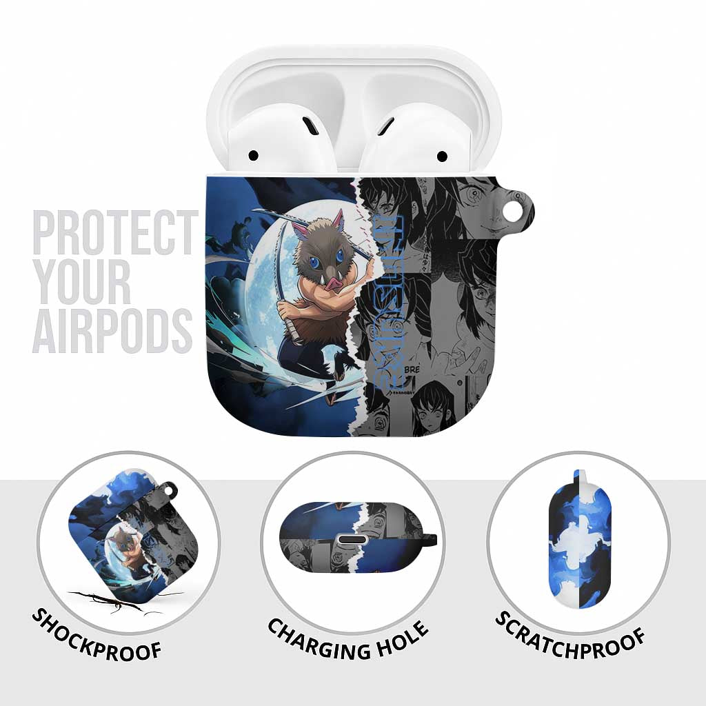 Inosuke Demon Slayer Blue and Black Theme AirPods Case with Boar Mask and Manga Collage Action Design - The Mazicc