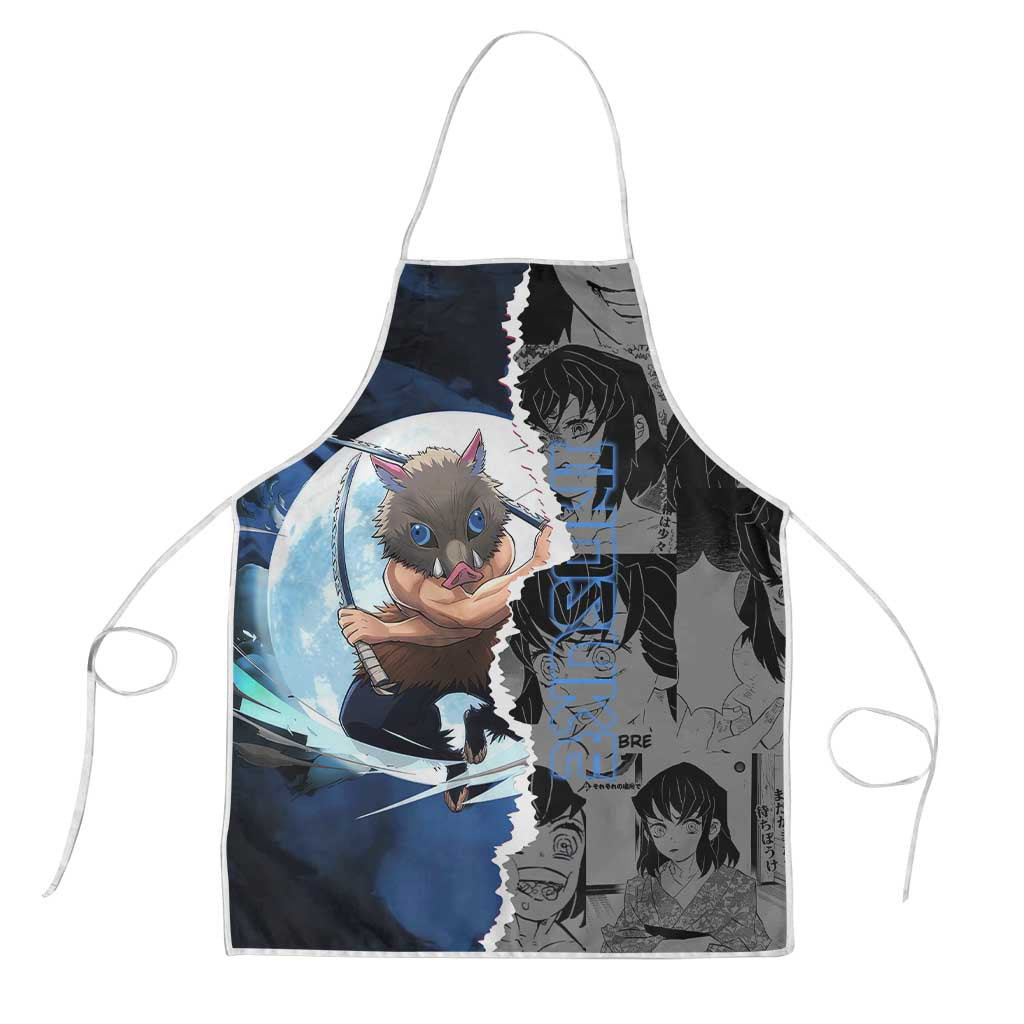 Inosuke Demon Slayer Blue and Black Theme Apron with Boar Mask and Manga Collage Action Design - The Mazicc