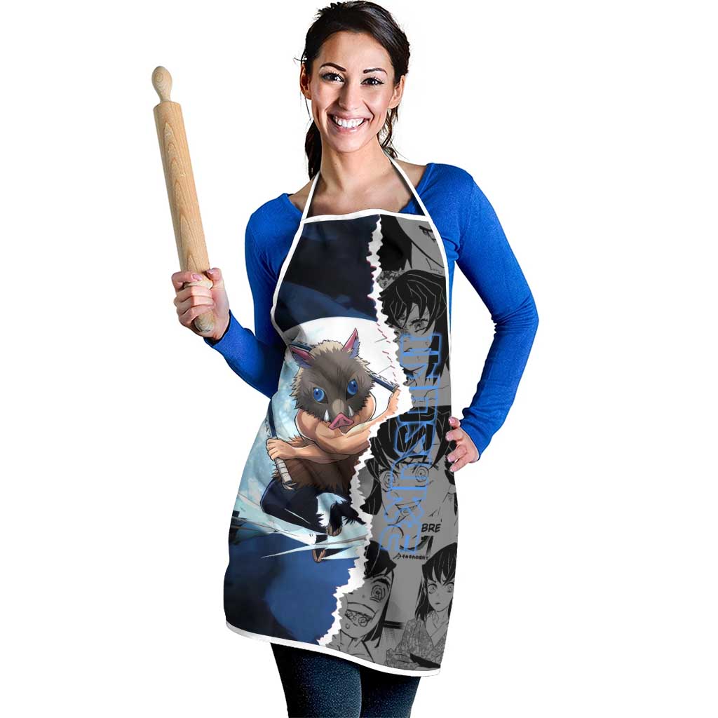 Inosuke Demon Slayer Blue and Black Theme Apron with Boar Mask and Manga Collage Action Design - The Mazicc