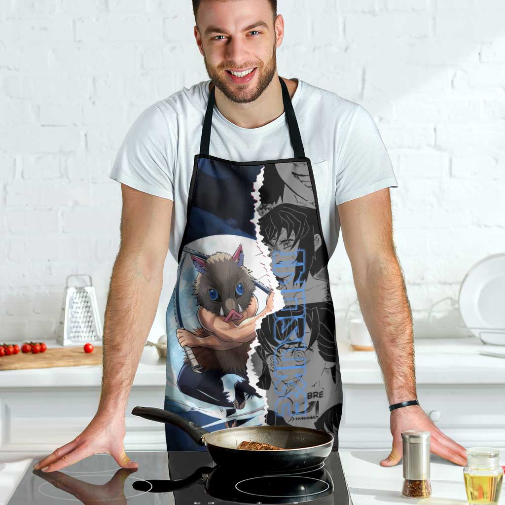 Inosuke Demon Slayer Blue and Black Theme Apron with Boar Mask and Manga Collage Action Design - The Mazicc