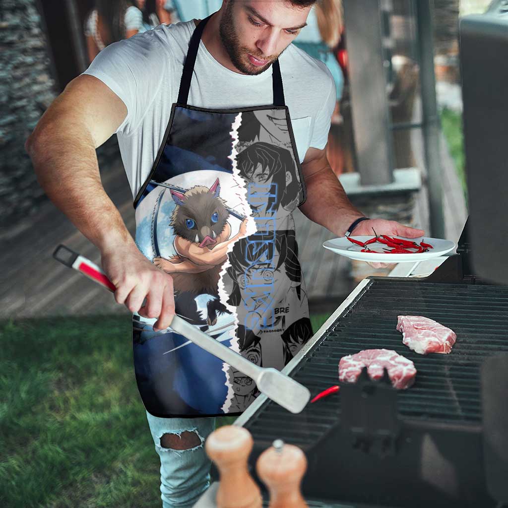 Inosuke Demon Slayer Blue and Black Theme Apron with Boar Mask and Manga Collage Action Design - The Mazicc
