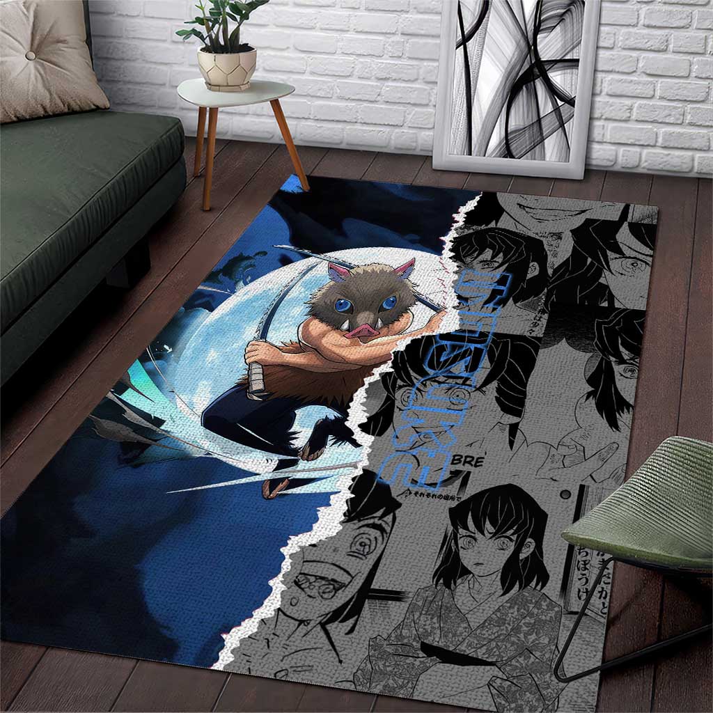 Inosuke Demon Slayer Blue and Black Theme Area Rug with Boar Mask and Manga Collage Action Design - The Mazicc