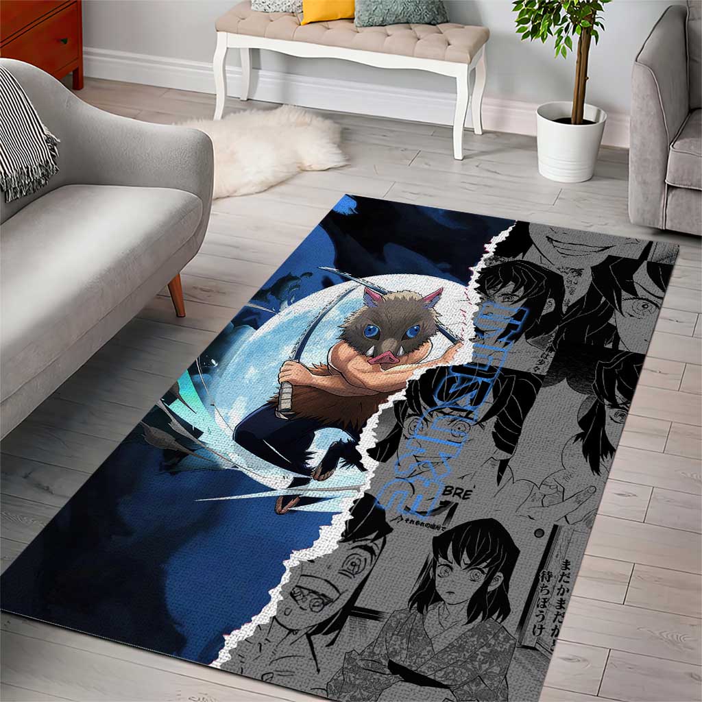 Inosuke Demon Slayer Blue and Black Theme Area Rug with Boar Mask and Manga Collage Action Design - The Mazicc