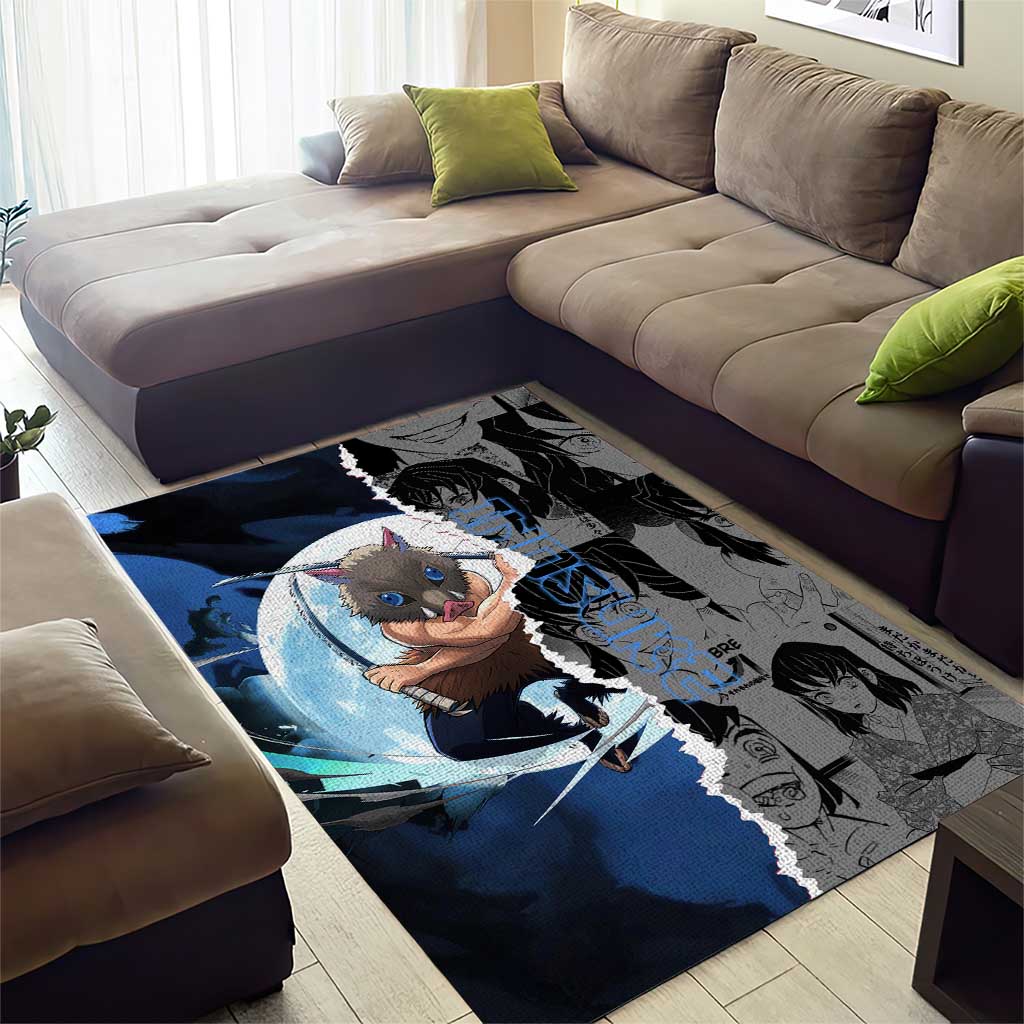 Inosuke Demon Slayer Blue and Black Theme Area Rug with Boar Mask and Manga Collage Action Design - The Mazicc