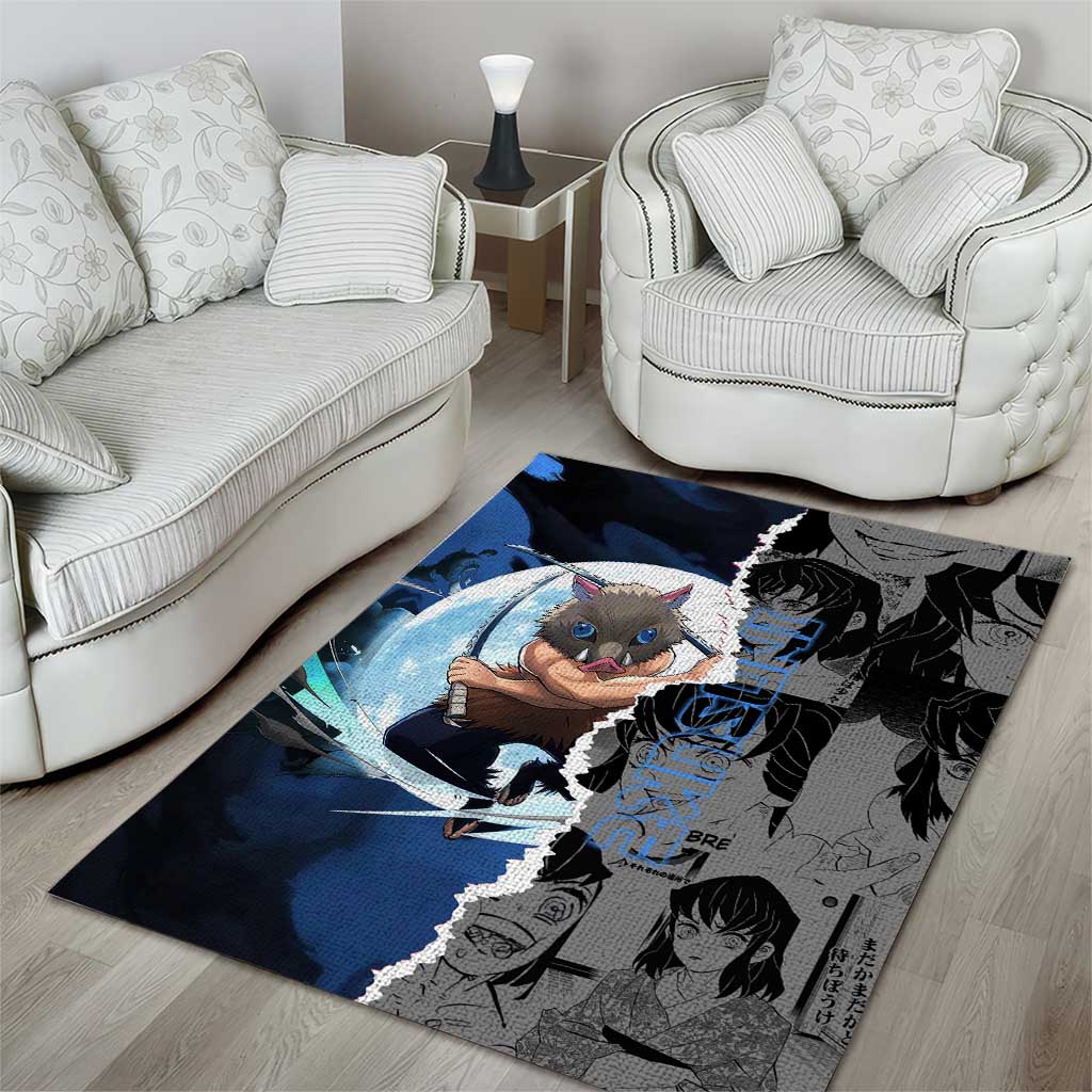 Inosuke Demon Slayer Blue and Black Theme Area Rug with Boar Mask and Manga Collage Action Design - The Mazicc