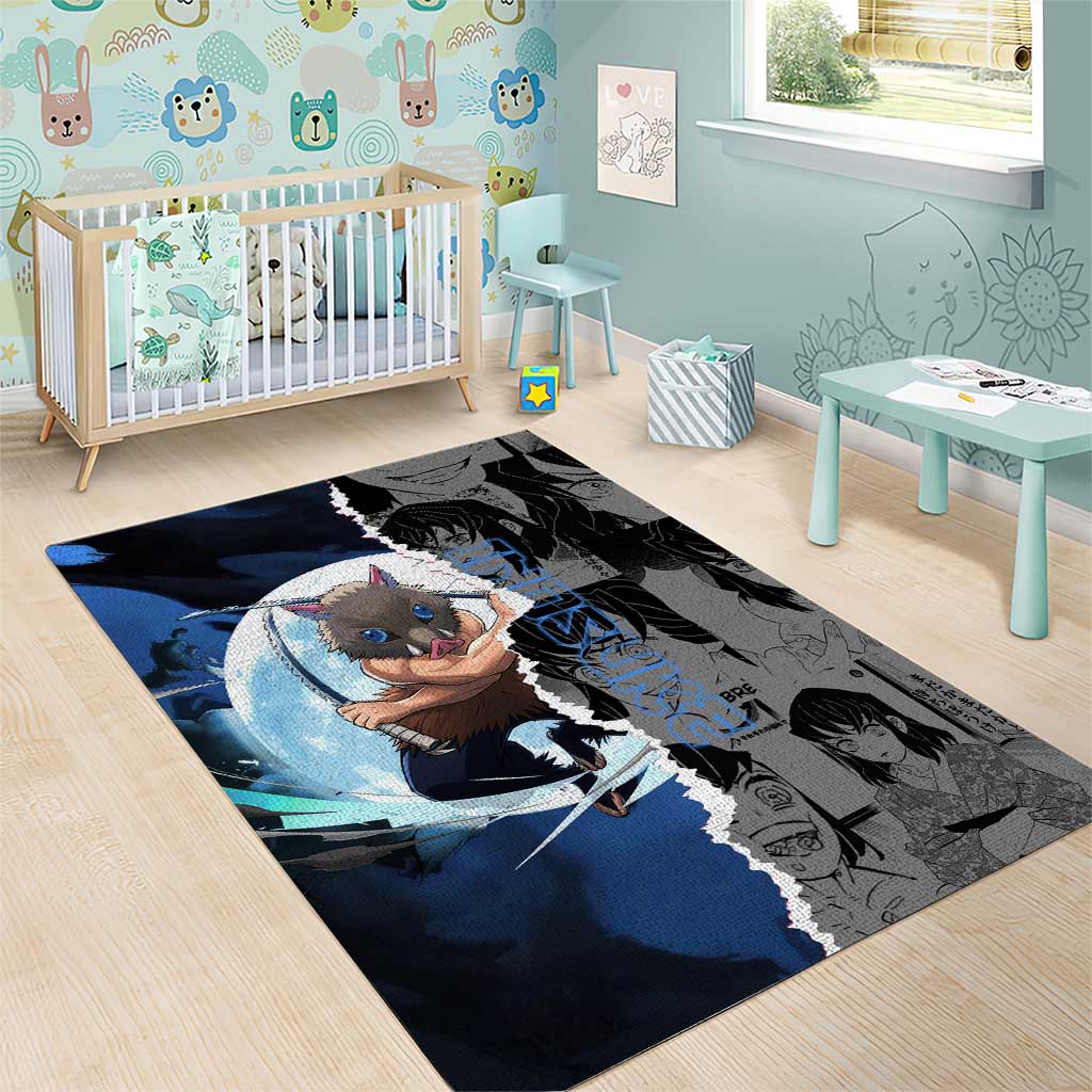 Inosuke Demon Slayer Blue and Black Theme Area Rug with Boar Mask and Manga Collage Action Design - The Mazicc