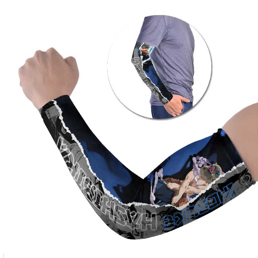 Inosuke Demon Slayer Blue and Black Theme Arm Sleeves with Boar Mask and Manga Collage Action Design - The Mazicc