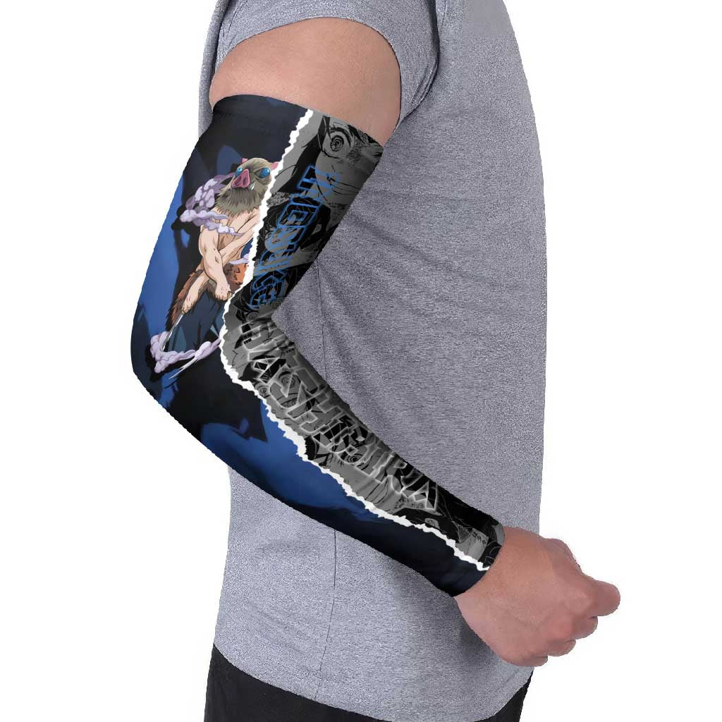 Inosuke Demon Slayer Blue and Black Theme Arm Sleeves with Boar Mask and Manga Collage Action Design - The Mazicc