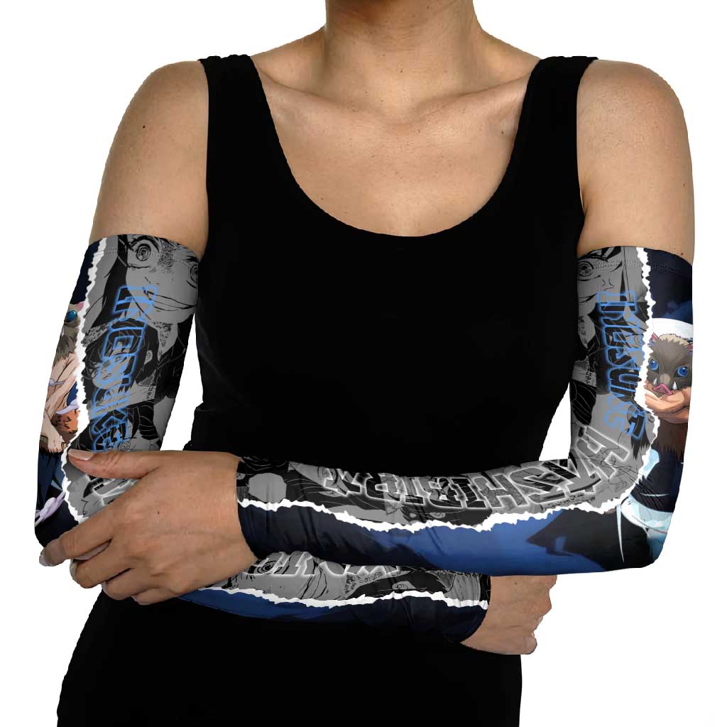 Inosuke Demon Slayer Blue and Black Theme Arm Sleeves with Boar Mask and Manga Collage Action Design - The Mazicc