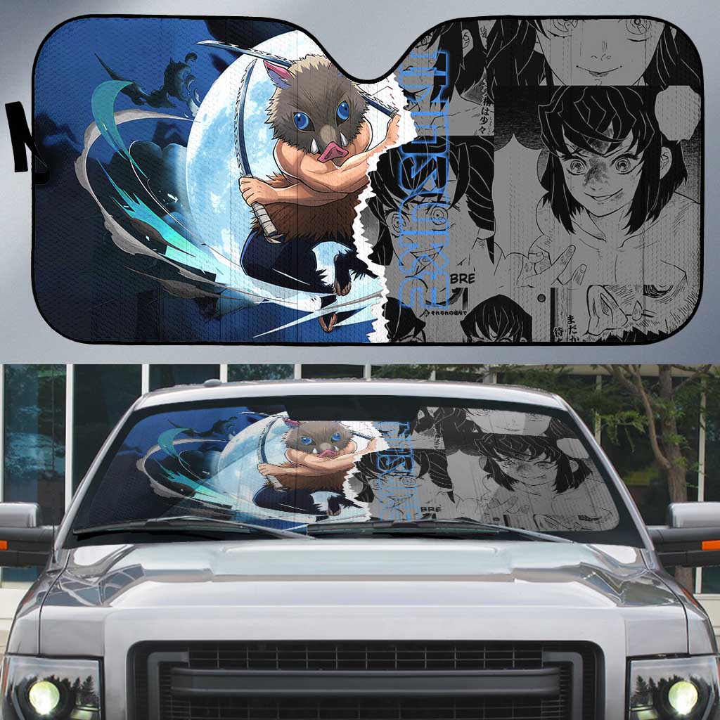 Inosuke Demon Slayer Blue and Black Theme Auto Sun Shade with Boar Mask and Manga Collage Action Design - The Mazicc