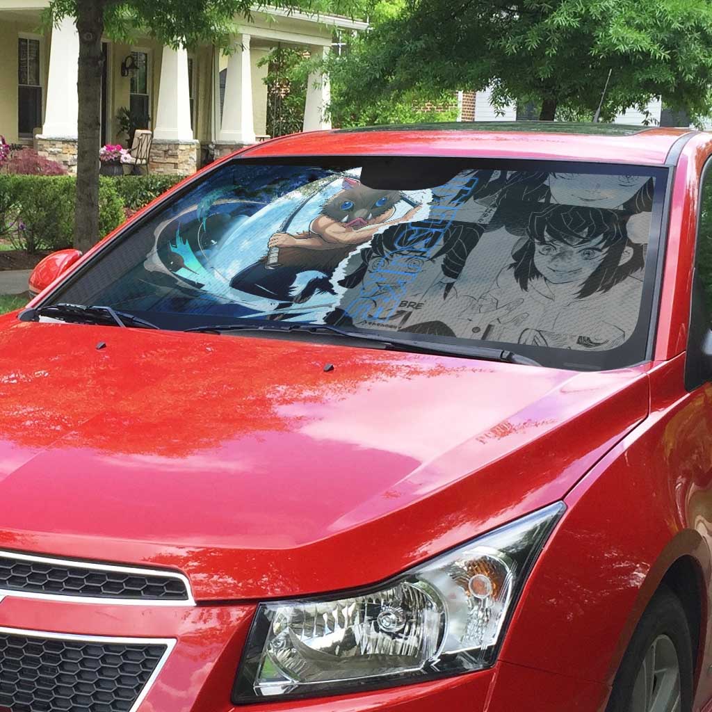 Inosuke Demon Slayer Blue and Black Theme Auto Sun Shade with Boar Mask and Manga Collage Action Design - The Mazicc