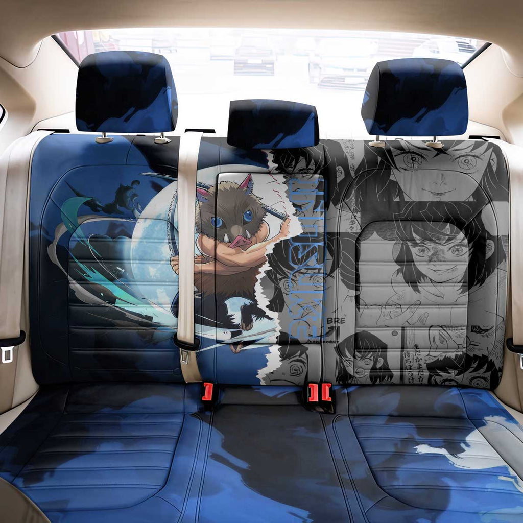 Inosuke Demon Slayer Blue and Black Theme Back Car Seat Cover with Boar Mask and Manga Collage Action Design - The Mazicc