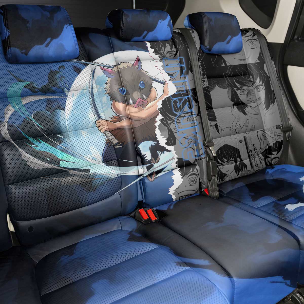 Inosuke Demon Slayer Blue and Black Theme Back Car Seat Cover with Boar Mask and Manga Collage Action Design - The Mazicc