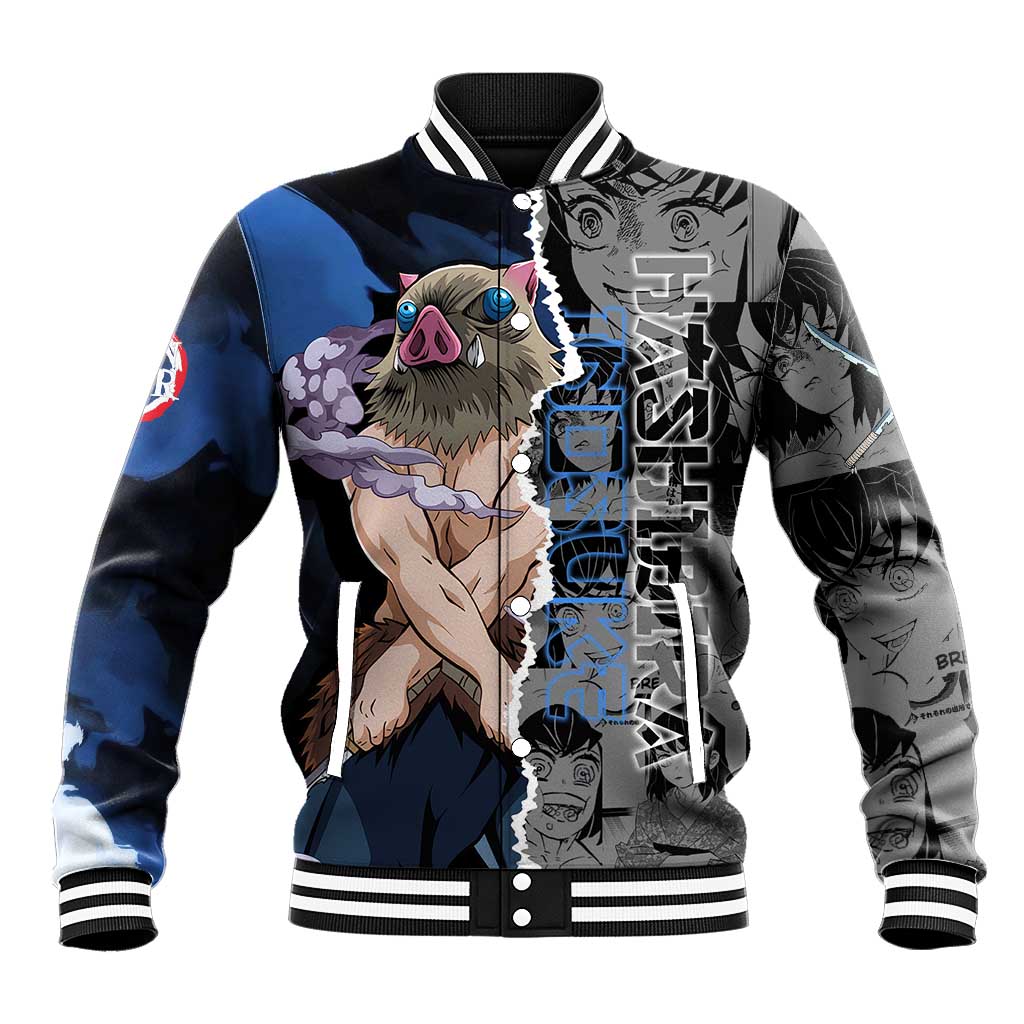 Inosuke Demon Slayer Blue and Black Theme Baseball Jacket with Boar Mask and Manga Collage Action Design - The Mazicc