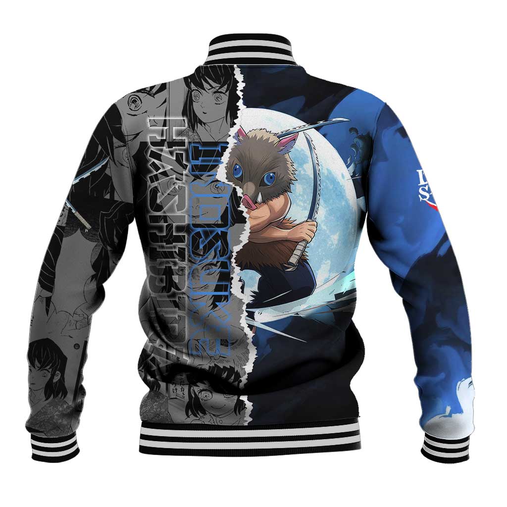 Inosuke Demon Slayer Blue and Black Theme Baseball Jacket with Boar Mask and Manga Collage Action Design - The Mazicc