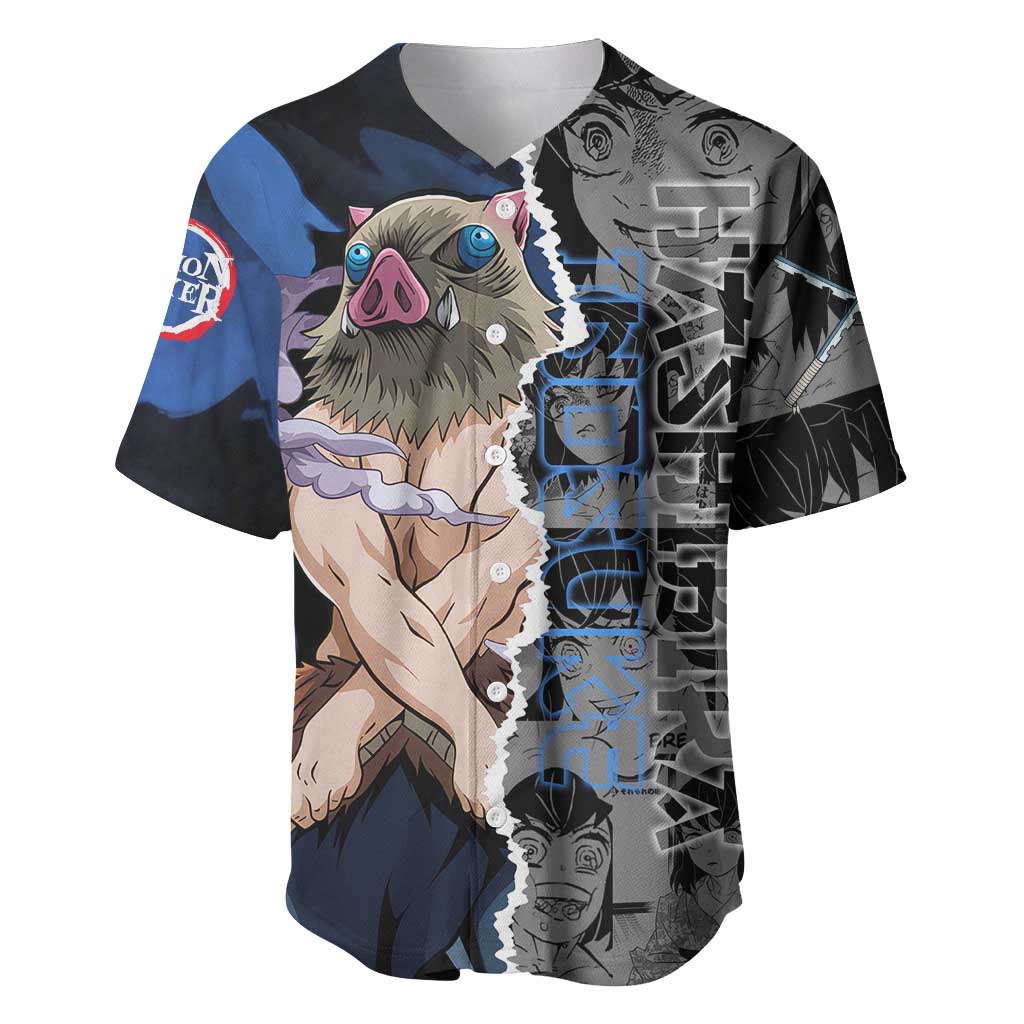 Inosuke Demon Slayer Blue and Black Theme Baseball Jersey with Boar Mask and Manga Collage Action Design - The Mazicc