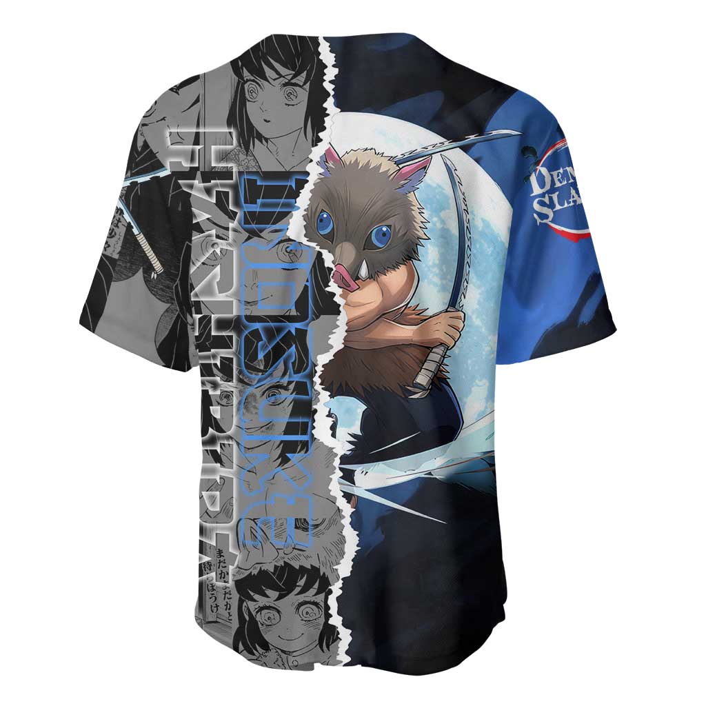 Inosuke Demon Slayer Blue and Black Theme Baseball Jersey with Boar Mask and Manga Collage Action Design - The Mazicc