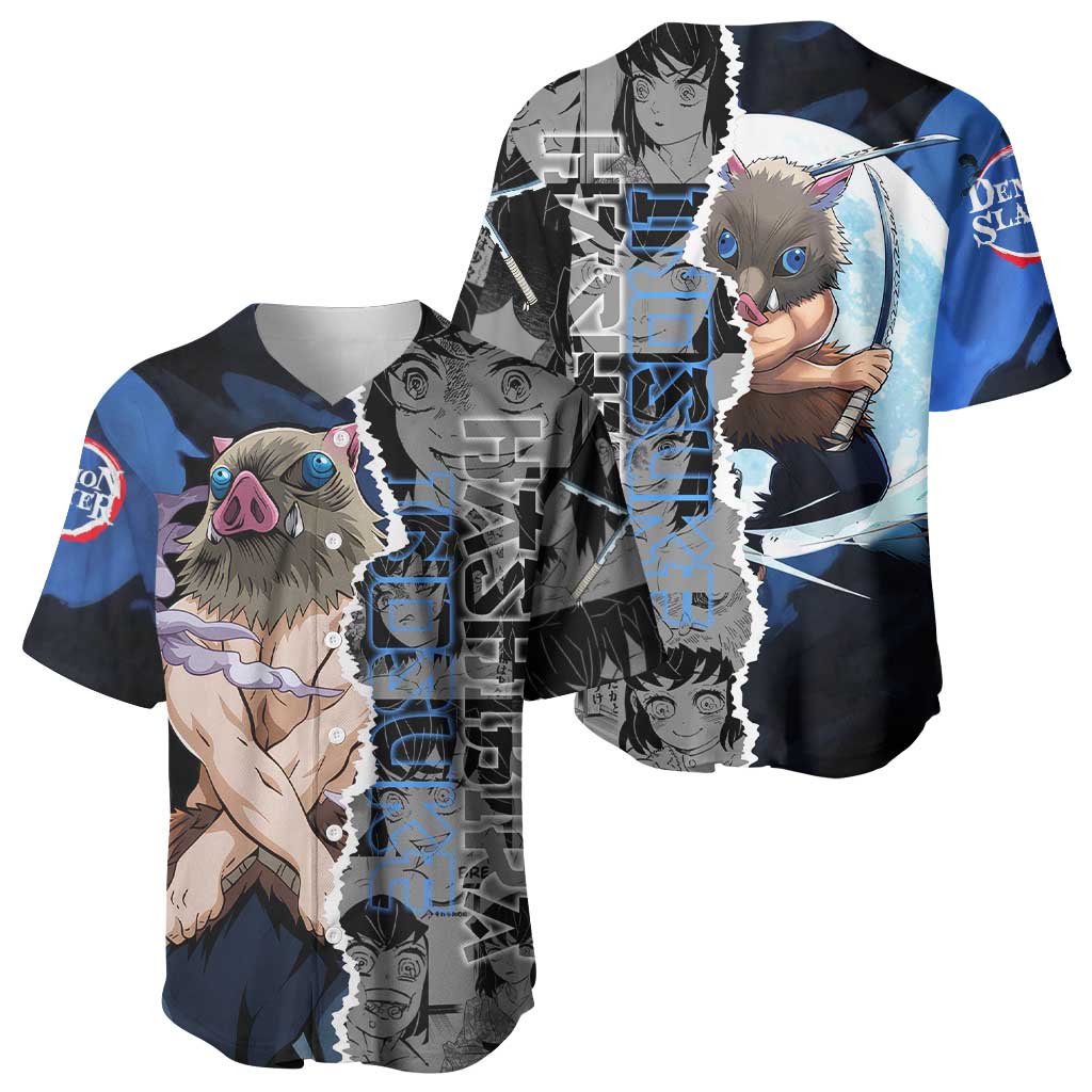 Inosuke Demon Slayer Blue and Black Theme Baseball Jersey with Boar Mask and Manga Collage Action Design - The Mazicc