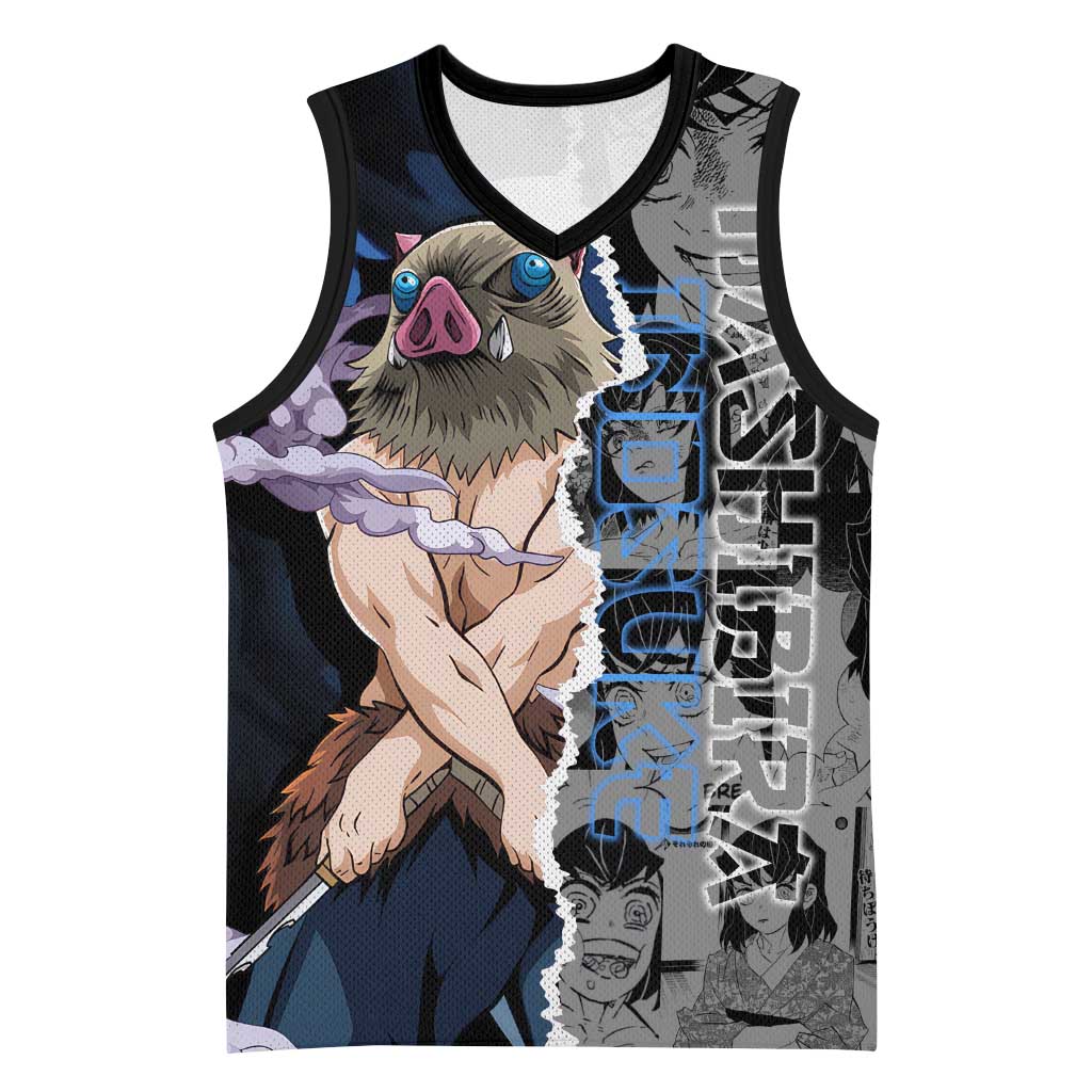 Inosuke Demon Slayer Blue and Black Theme Basketball Jersey with Boar Mask and Manga Collage Action Design - The Mazicc