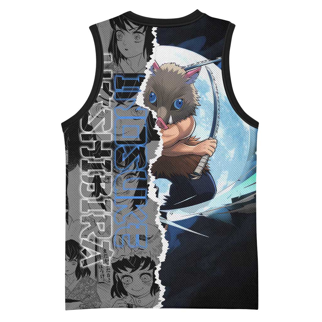 Inosuke Demon Slayer Blue and Black Theme Basketball Jersey with Boar Mask and Manga Collage Action Design - The Mazicc