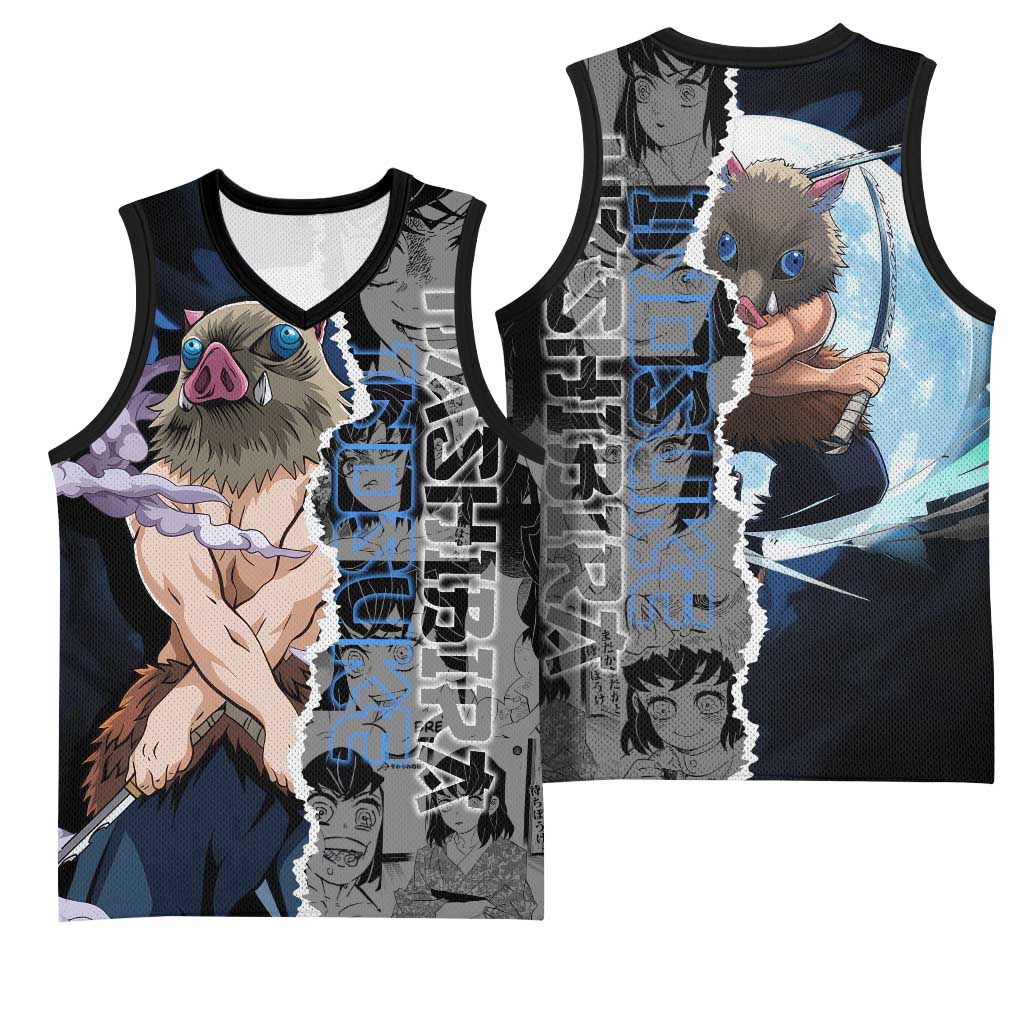 Inosuke Demon Slayer Blue and Black Theme Basketball Jersey with Boar Mask and Manga Collage Action Design - The Mazicc