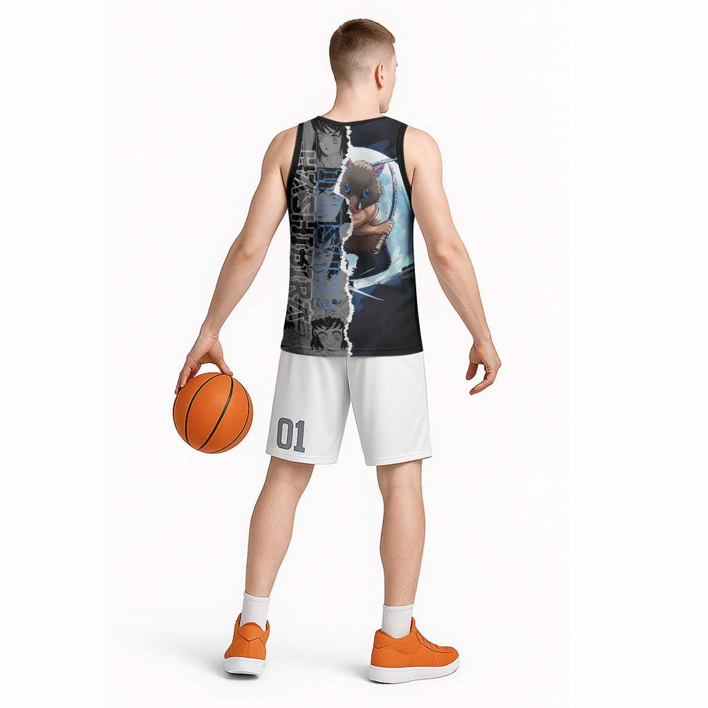 Inosuke Demon Slayer Blue and Black Theme Basketball Jersey with Boar Mask and Manga Collage Action Design - The Mazicc