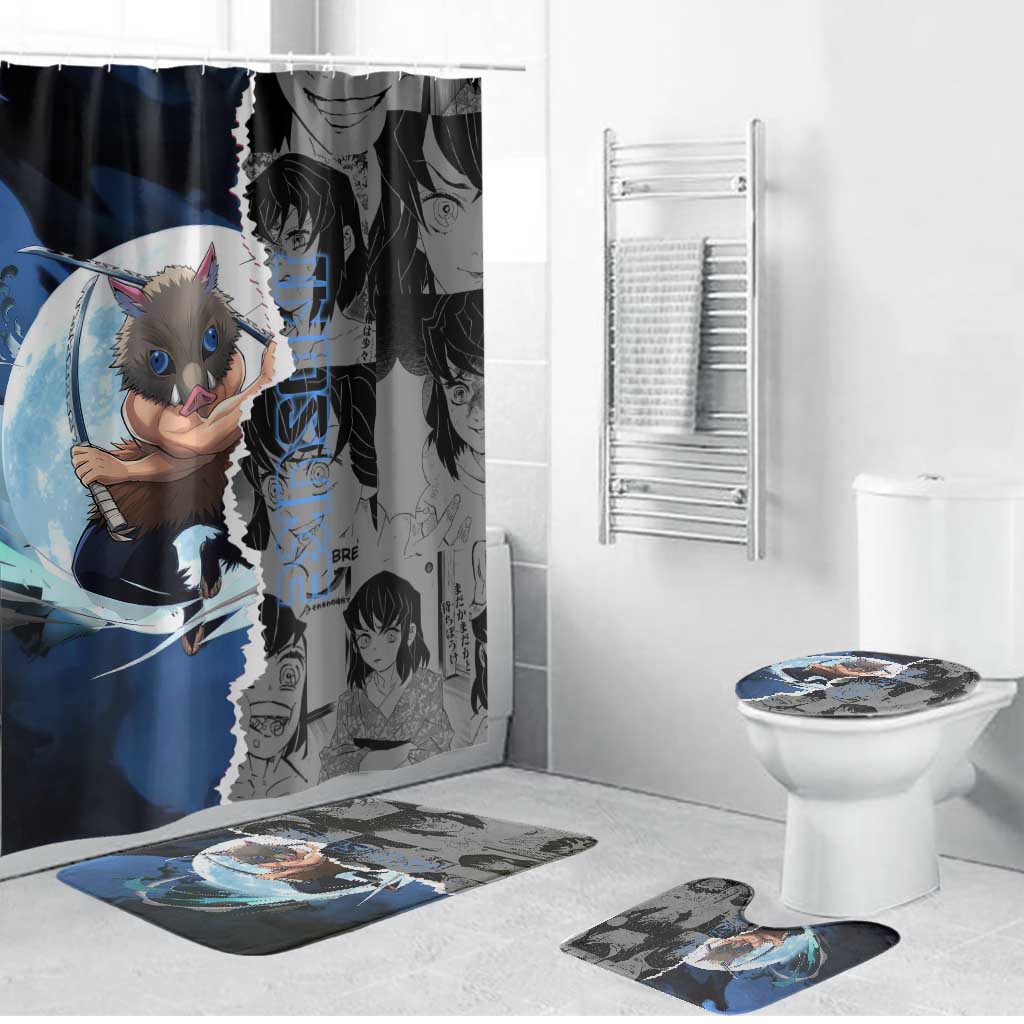 Inosuke Demon Slayer Blue and Black Theme Bathroom Set with Boar Mask and Manga Collage Action Design - The Mazicc