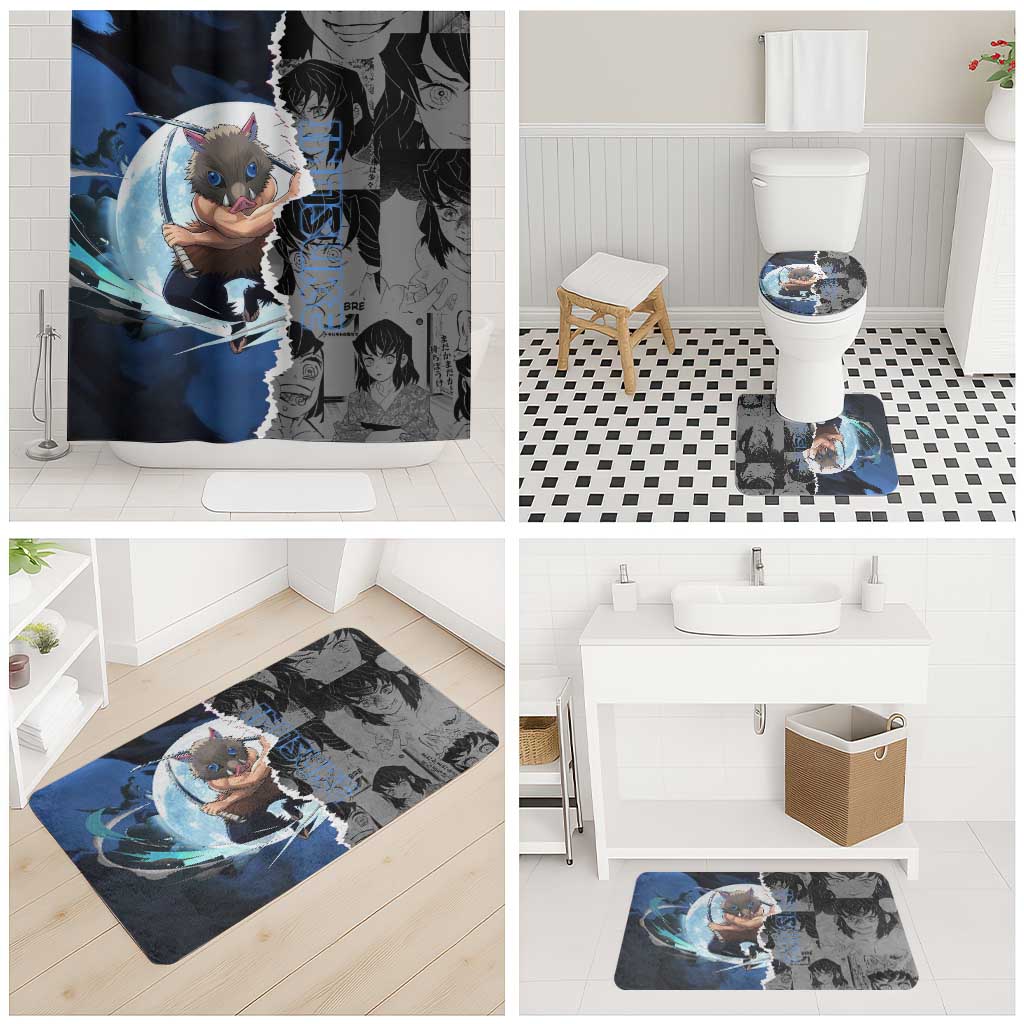 Inosuke Demon Slayer Blue and Black Theme Bathroom Set with Boar Mask and Manga Collage Action Design - The Mazicc