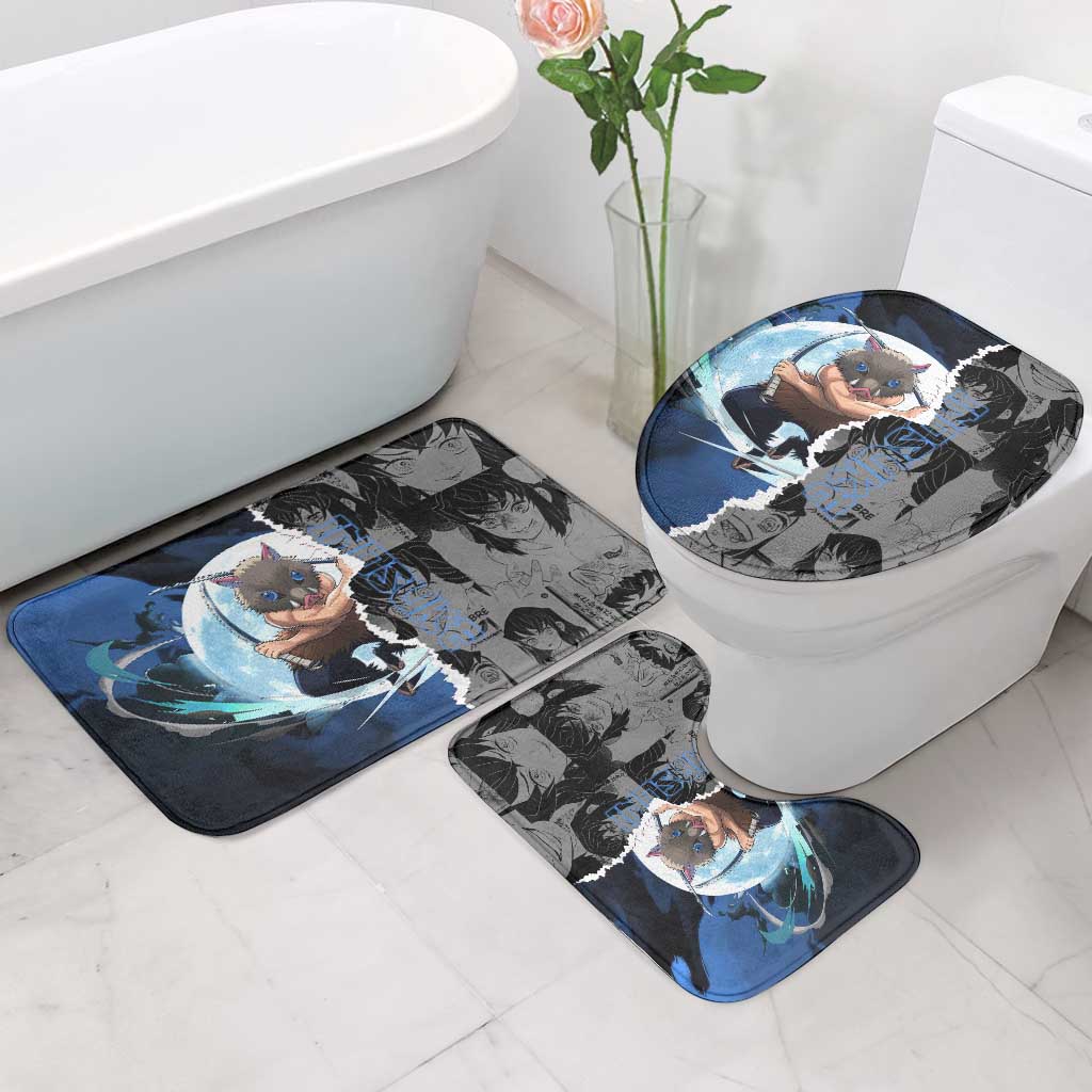 Inosuke Demon Slayer Blue and Black Theme Bathroom Set with Boar Mask and Manga Collage Action Design - The Mazicc